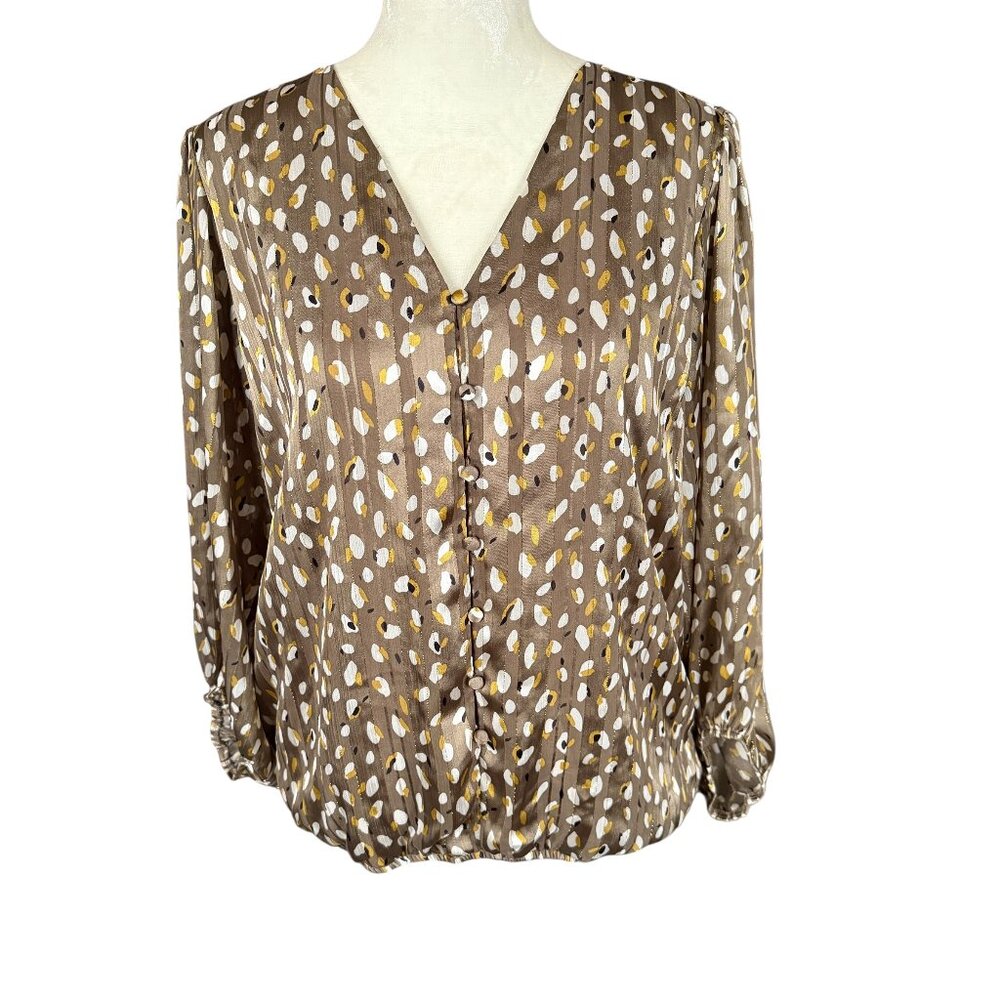 Haver & Blair London women's v-neck button down top tan taupe lined size medium